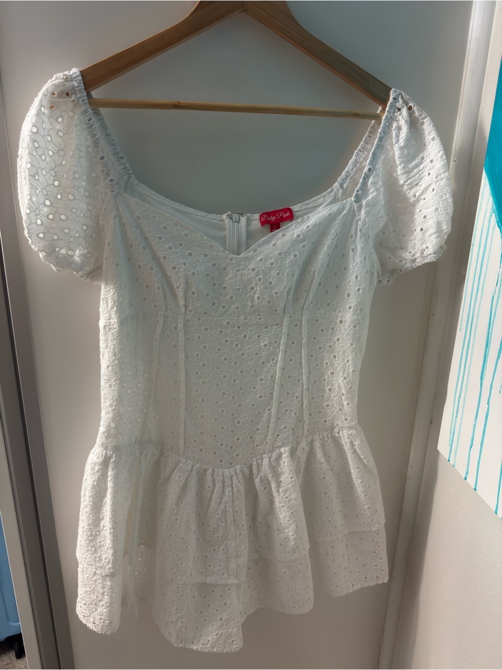 Baby Pink White Eyelet Puff Sleeve Mini Dress